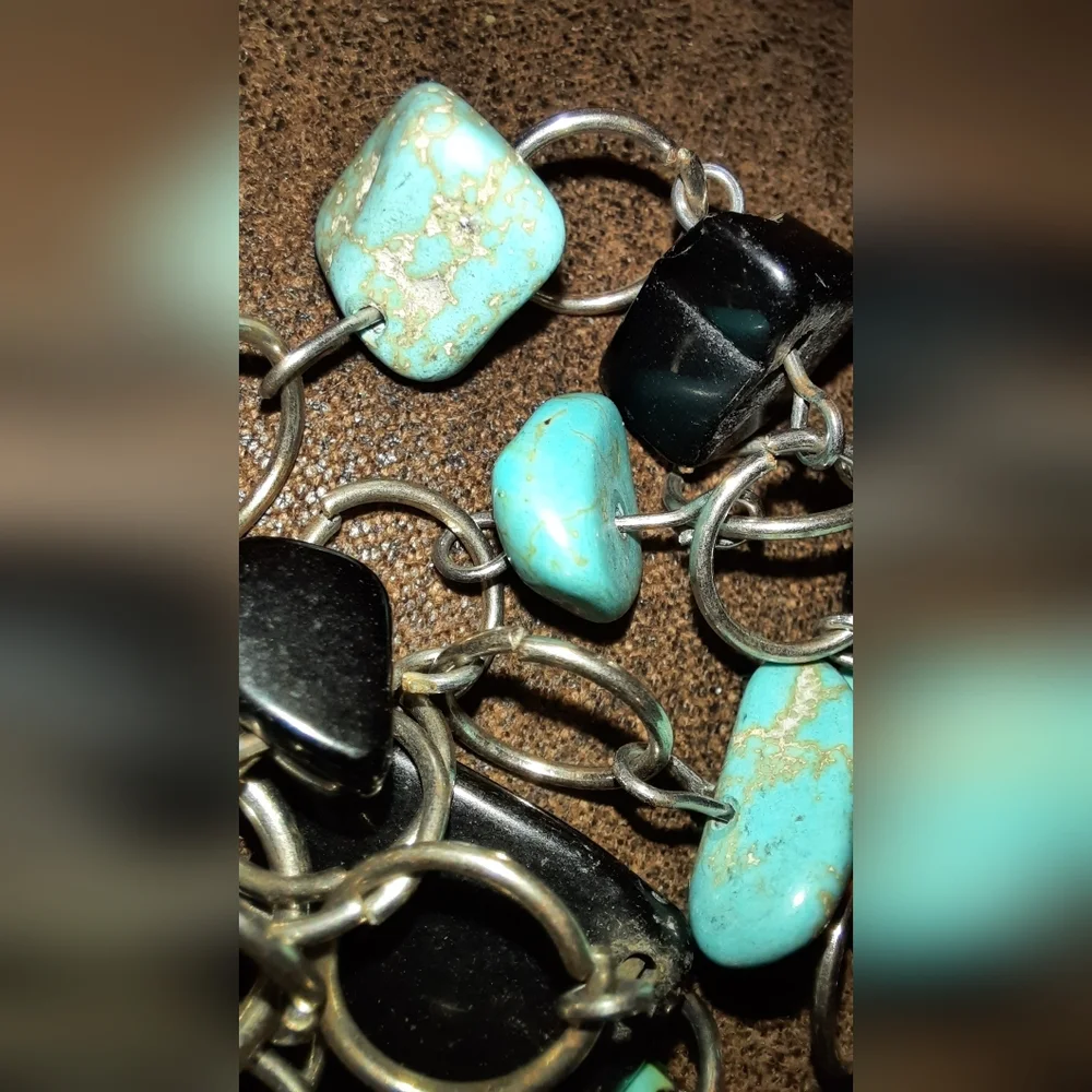 Turquoise and black genuine nugget multistrand necklace silvertone